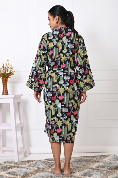 Waffle Cotton Handblock Printed Unisex Bathrobe - Free Size