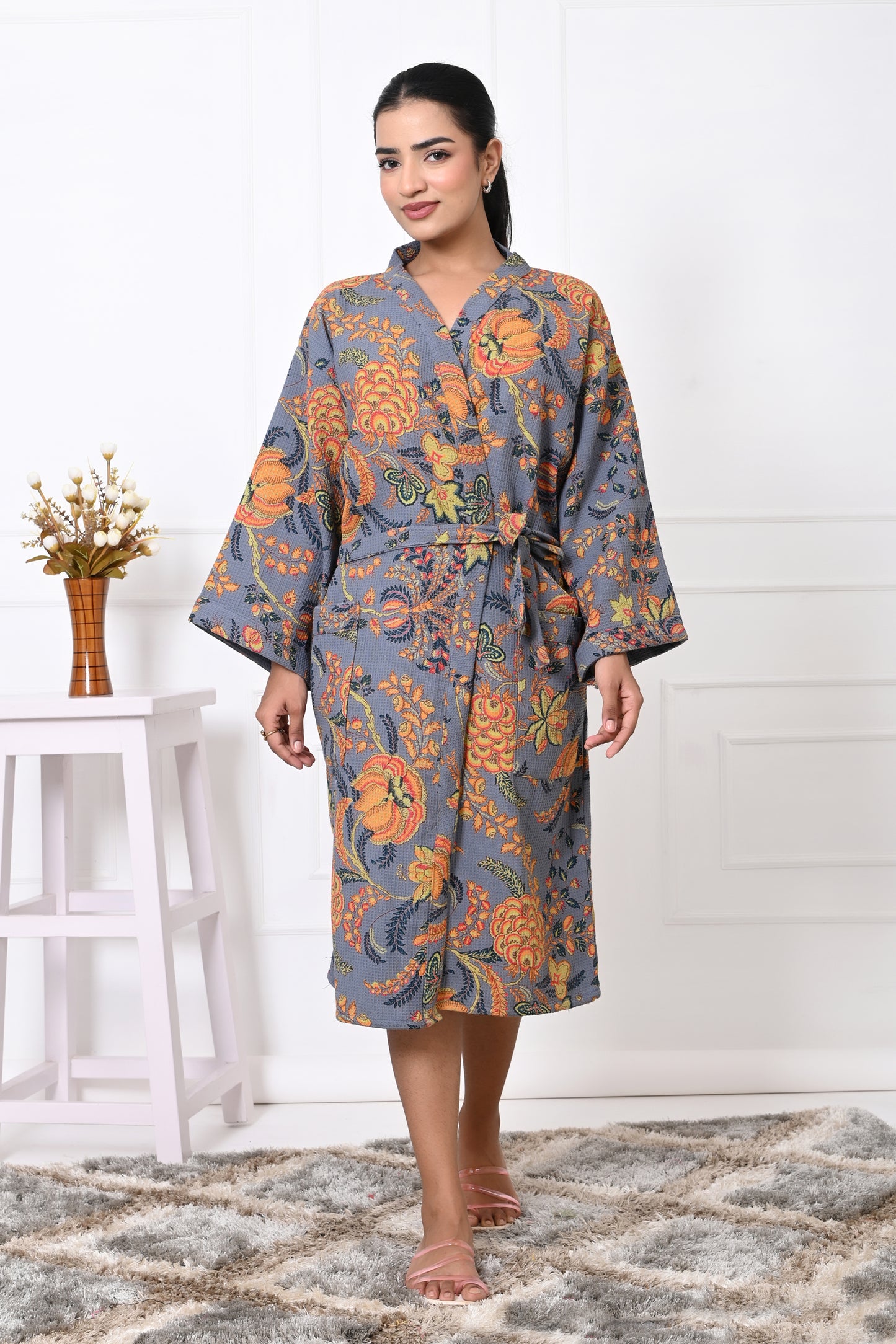 Waffle Cotton Handblock Printed Unisex Bathrobe - Free Size