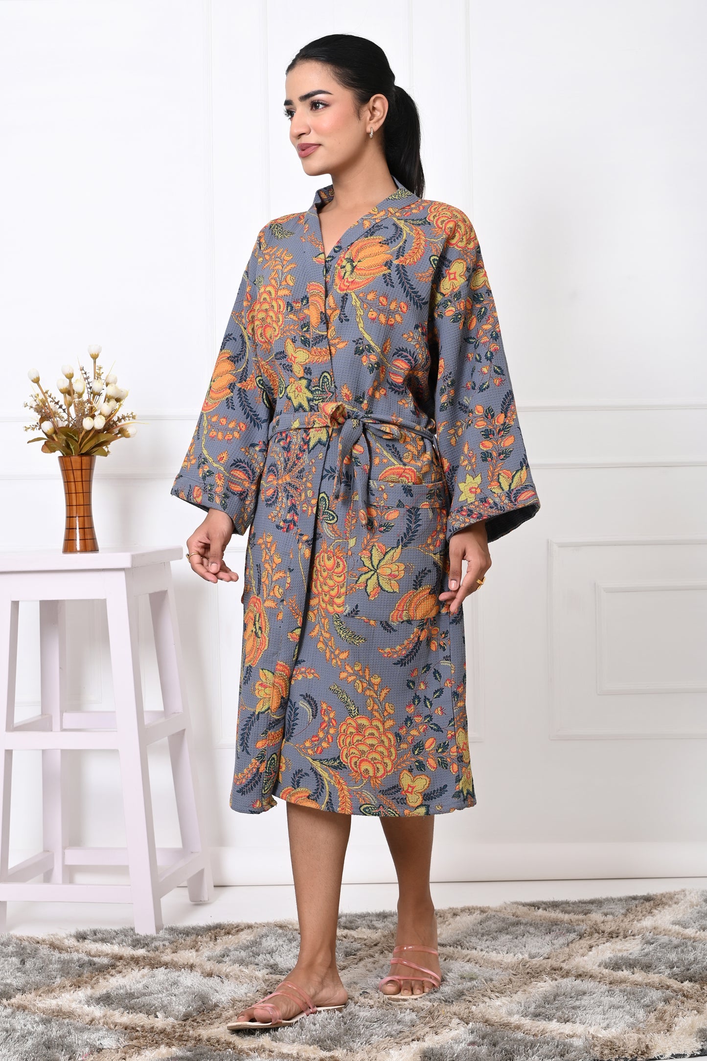 Waffle Cotton Handblock Printed Unisex Bathrobe - Free Size