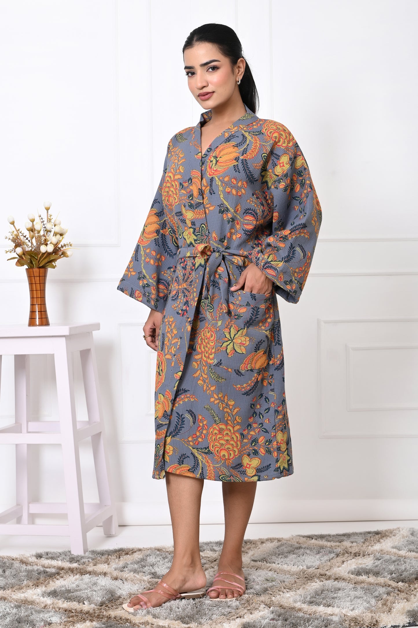 Waffle Cotton Handblock Printed Unisex Bathrobe - Free Size