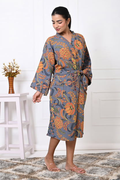 Waffle Cotton Handblock Printed Unisex Bathrobe - Free Size