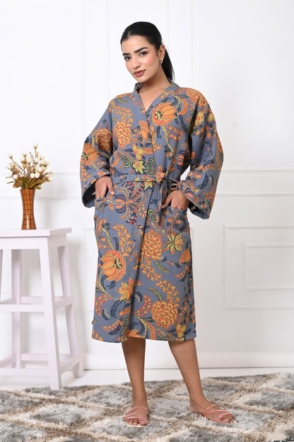 Waffle Cotton Handblock Printed Unisex Bathrobe - Free Size