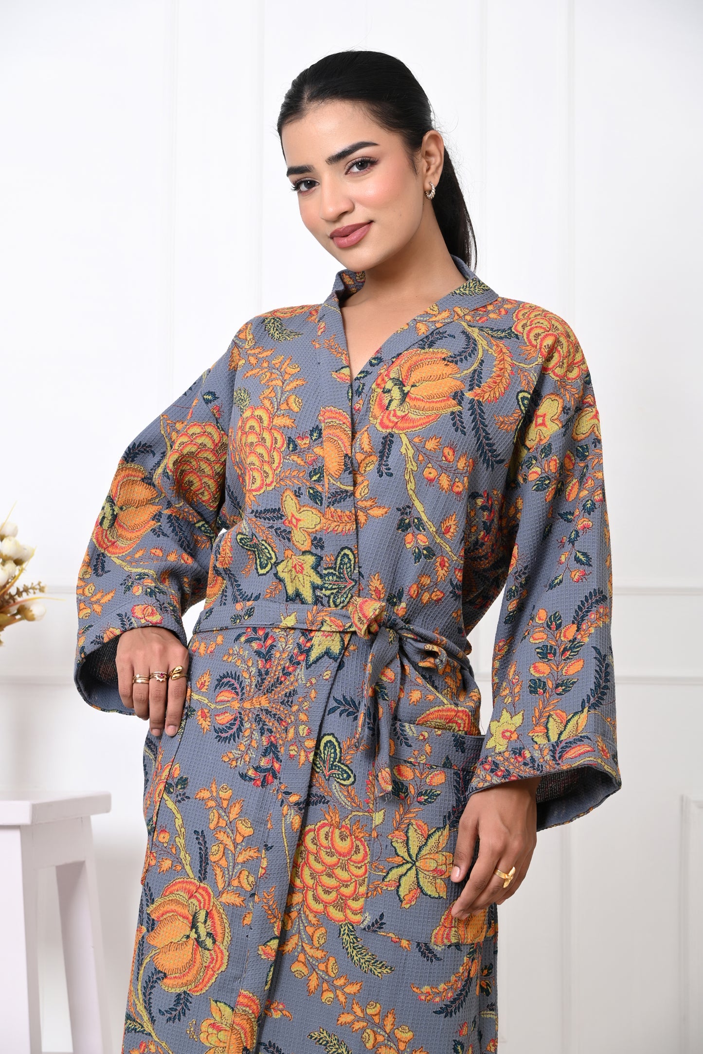 Waffle Cotton Handblock Printed Unisex Bathrobe - Free Size