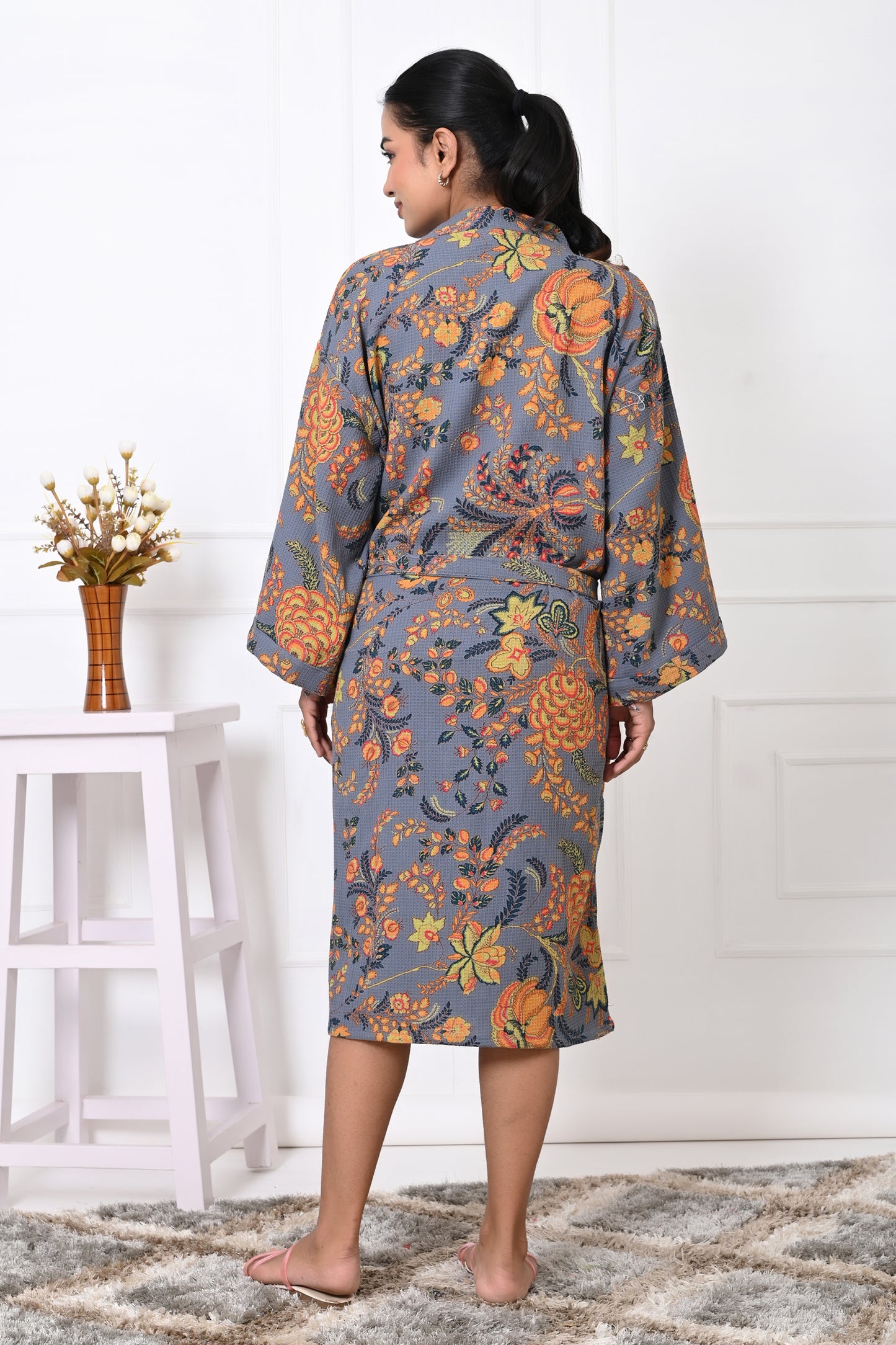 Waffle Cotton Handblock Printed Unisex Bathrobe - Free Size