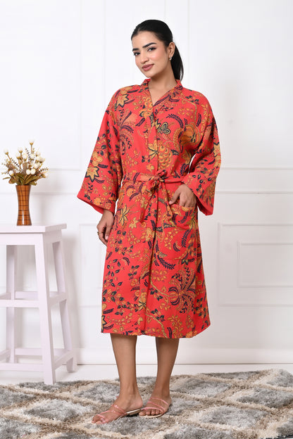 Waffle Cotton Handblock Printed Unisex Bathrobe - Free Size