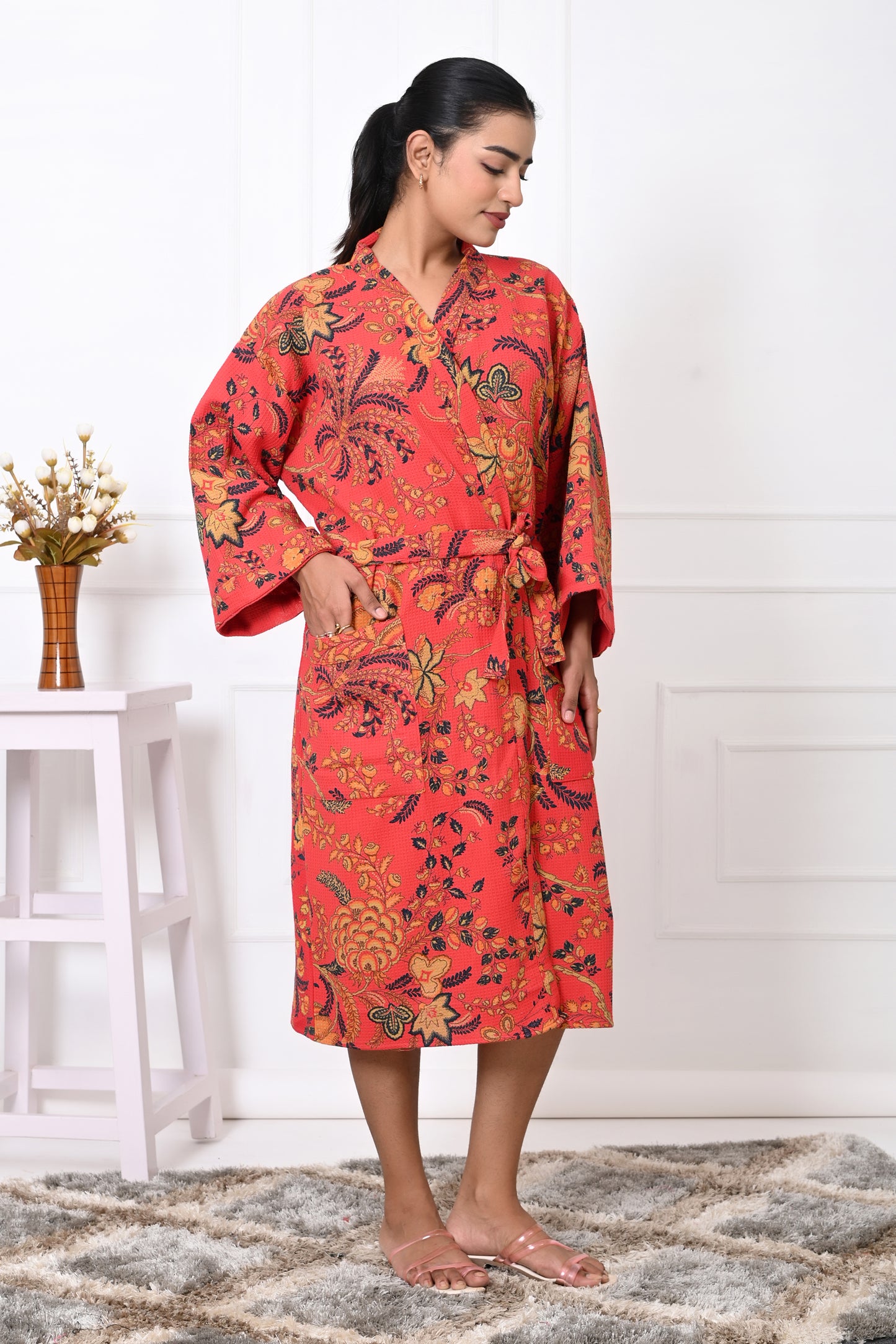 Waffle Cotton Handblock Printed Unisex Bathrobe - Free Size