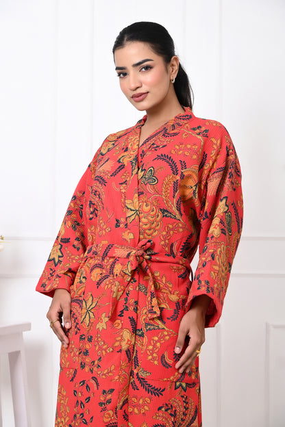 Waffle Cotton Handblock Printed Unisex Bathrobe - Free Size