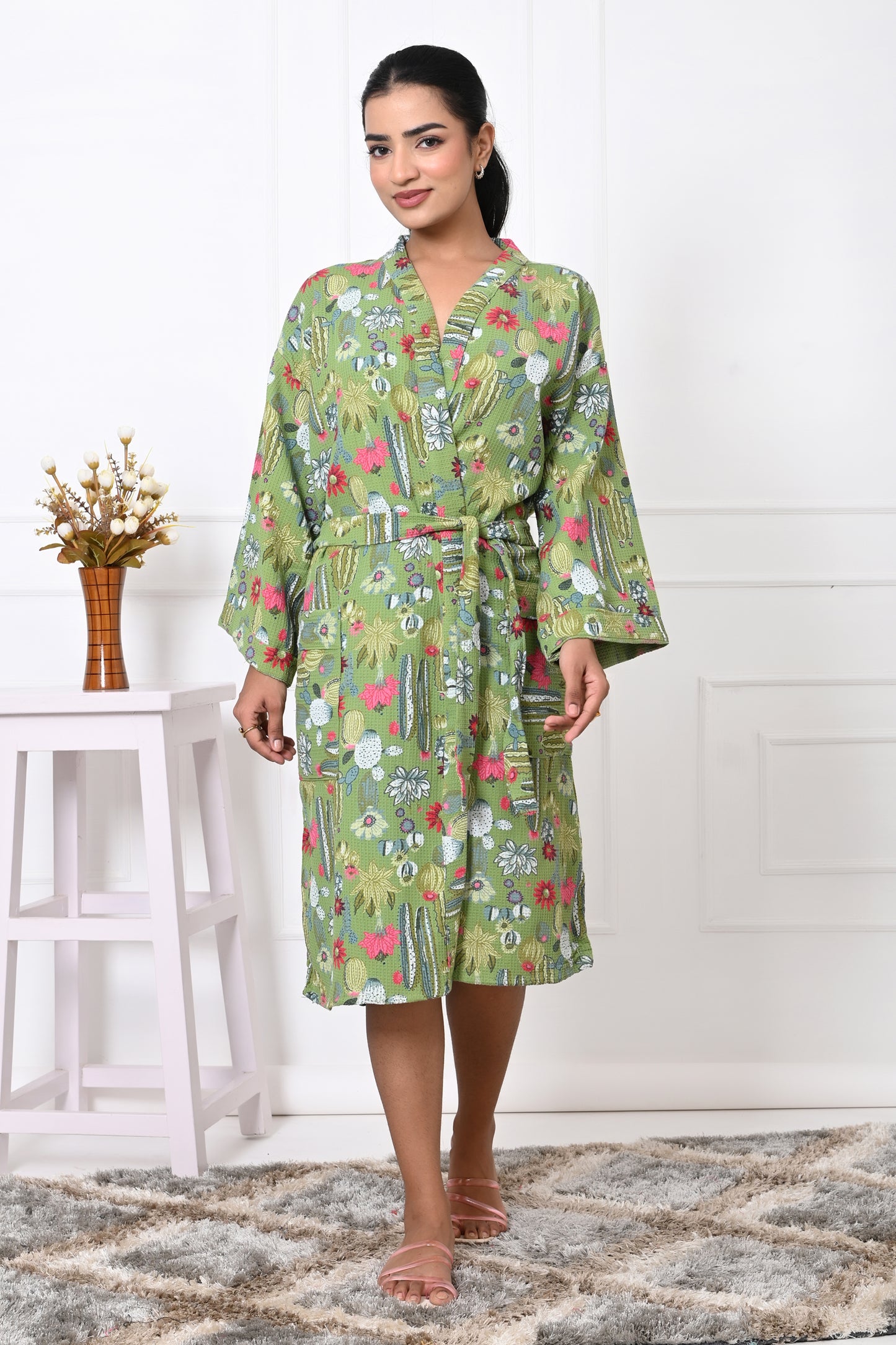 Waffle Cotton Handblock Printed Unisex Bathrobe - Free Size