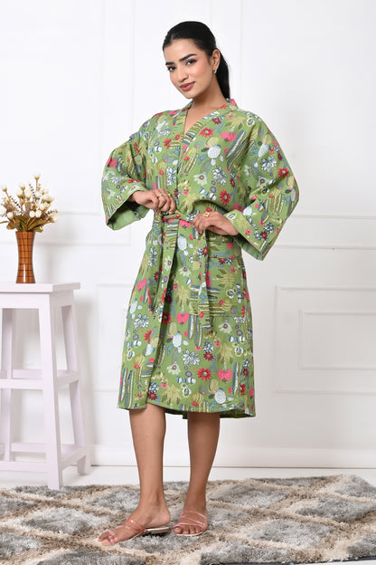 Waffle Cotton Handblock Printed Unisex Bathrobe - Free Size