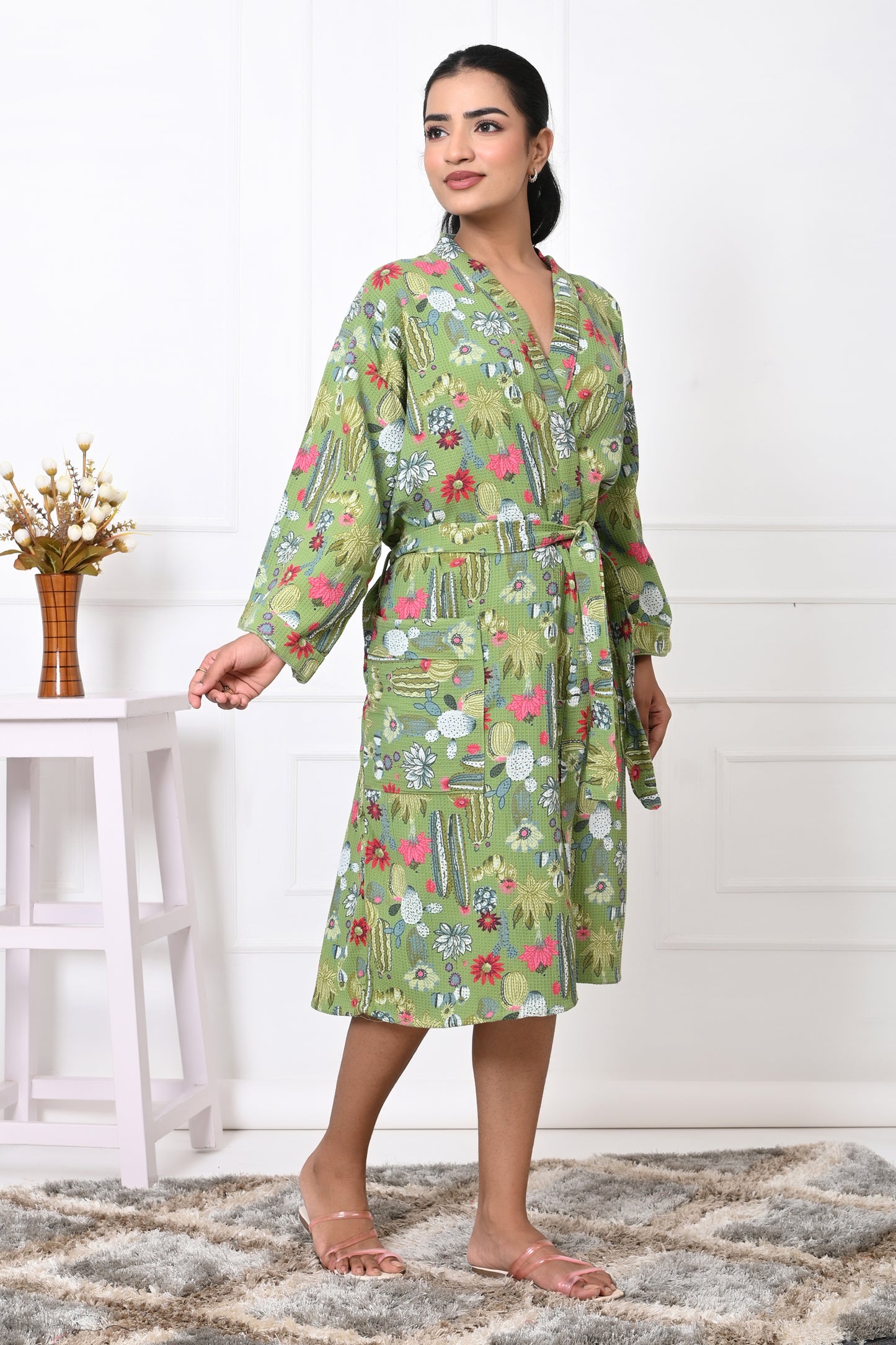 Waffle Cotton Handblock Printed Unisex Bathrobe - Free Size