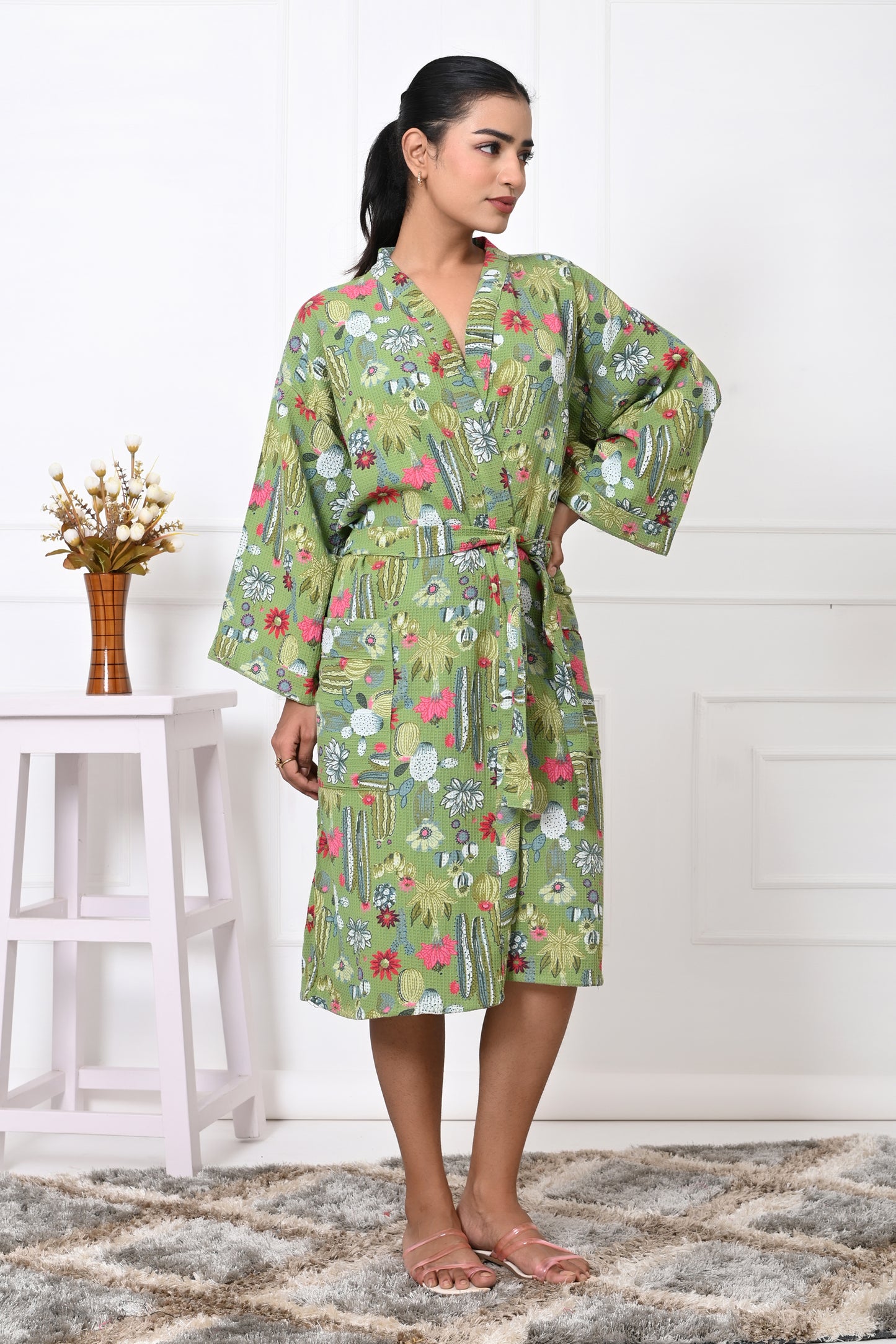 Waffle Cotton Handblock Printed Unisex Bathrobe - Free Size