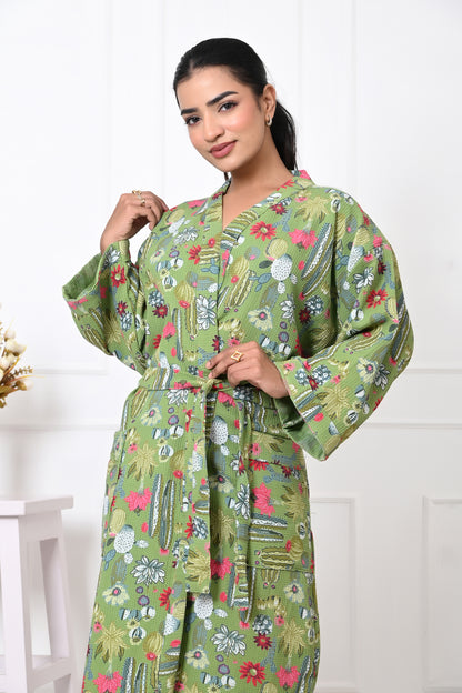 Waffle Cotton Handblock Printed Unisex Bathrobe - Free Size