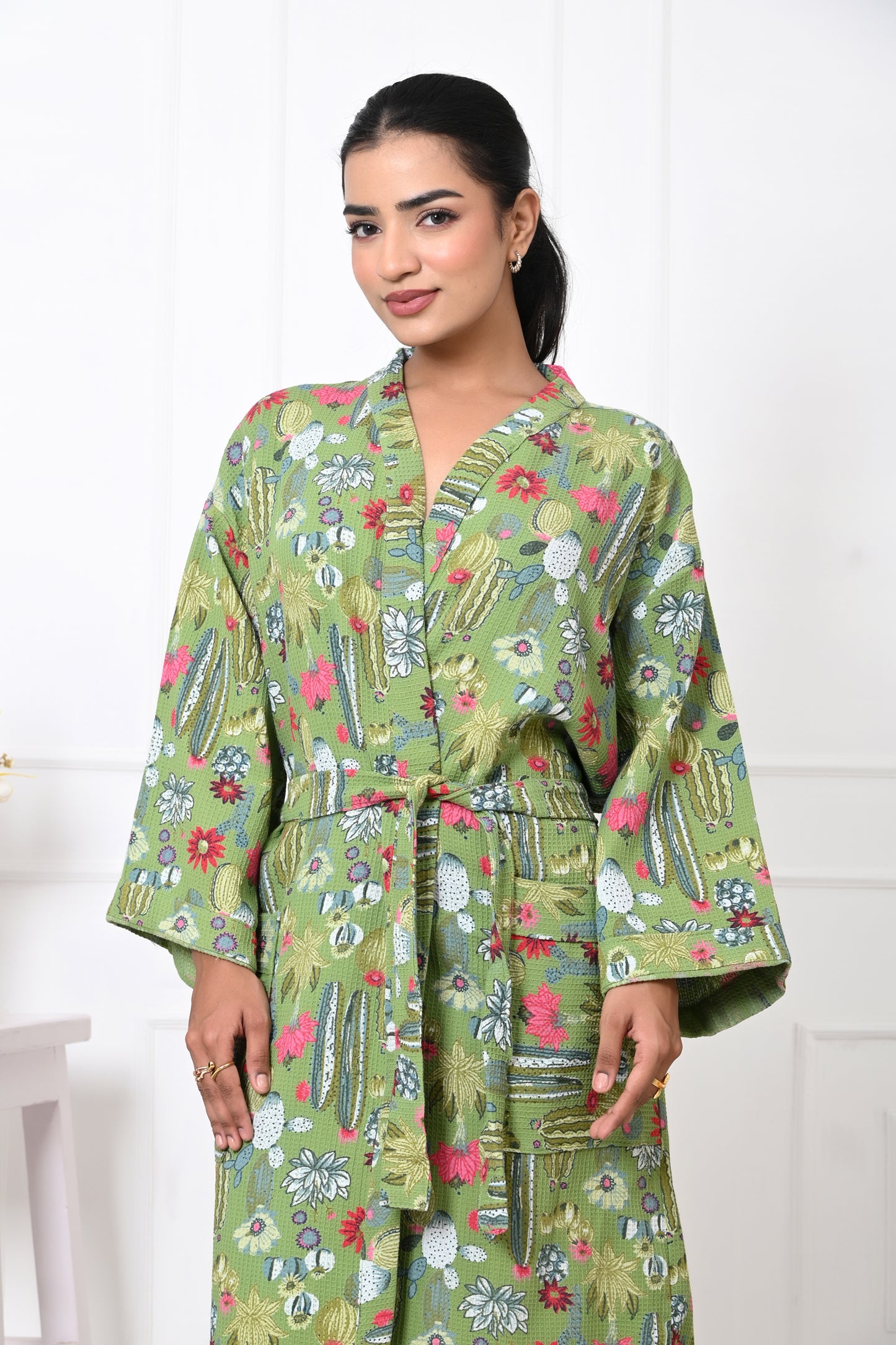 Waffle Cotton Handblock Printed Unisex Bathrobe - Free Size