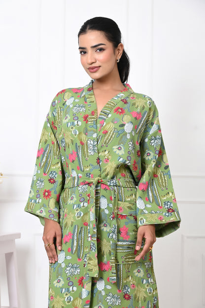 Waffle Cotton Handblock Printed Unisex Bathrobe - Free Size