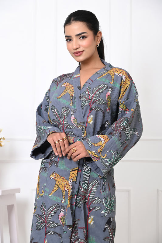 Waffle Cotton Handblock Printed Unisex Bathrobe - Free Size