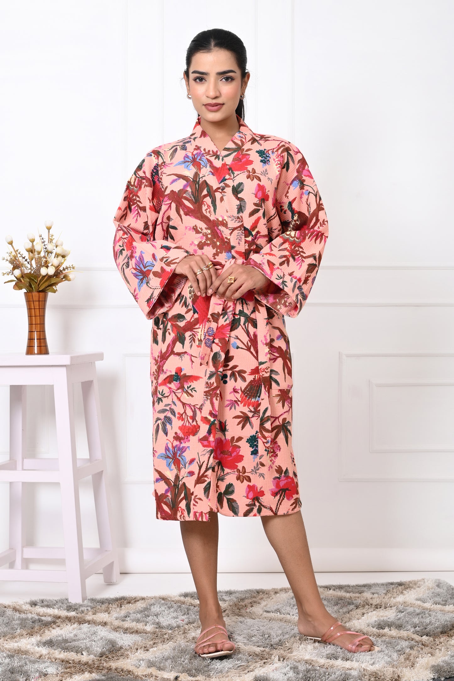 Waffle Cotton Handblock Printed Unisex Bathrobe - Free Size