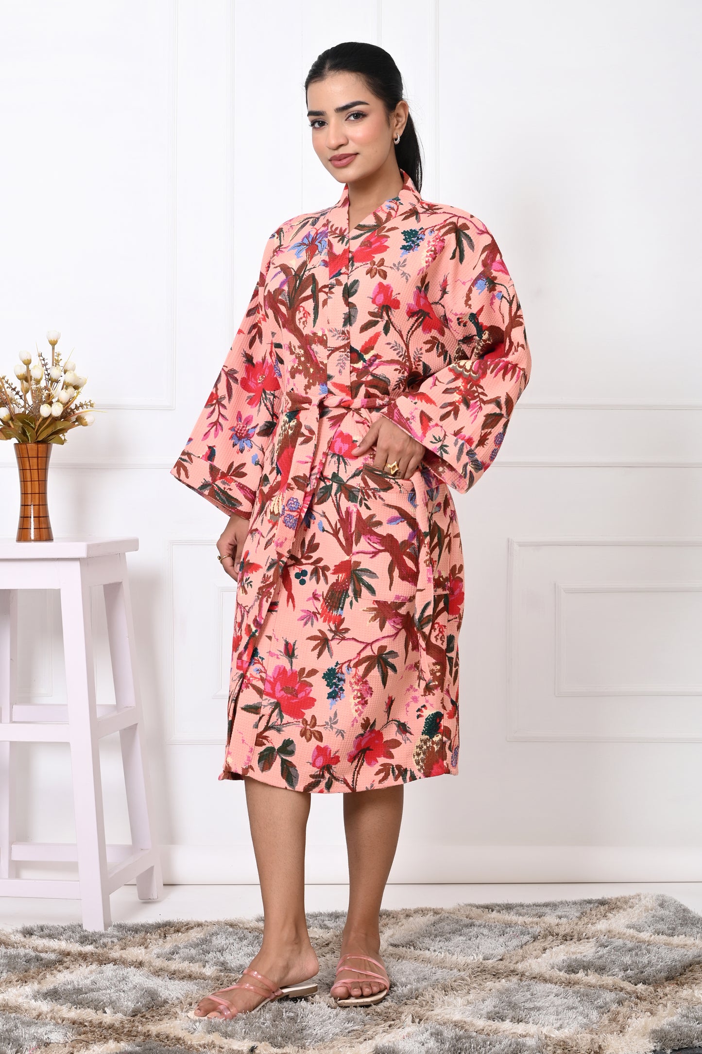 Waffle Cotton Handblock Printed Unisex Bathrobe - Free Size