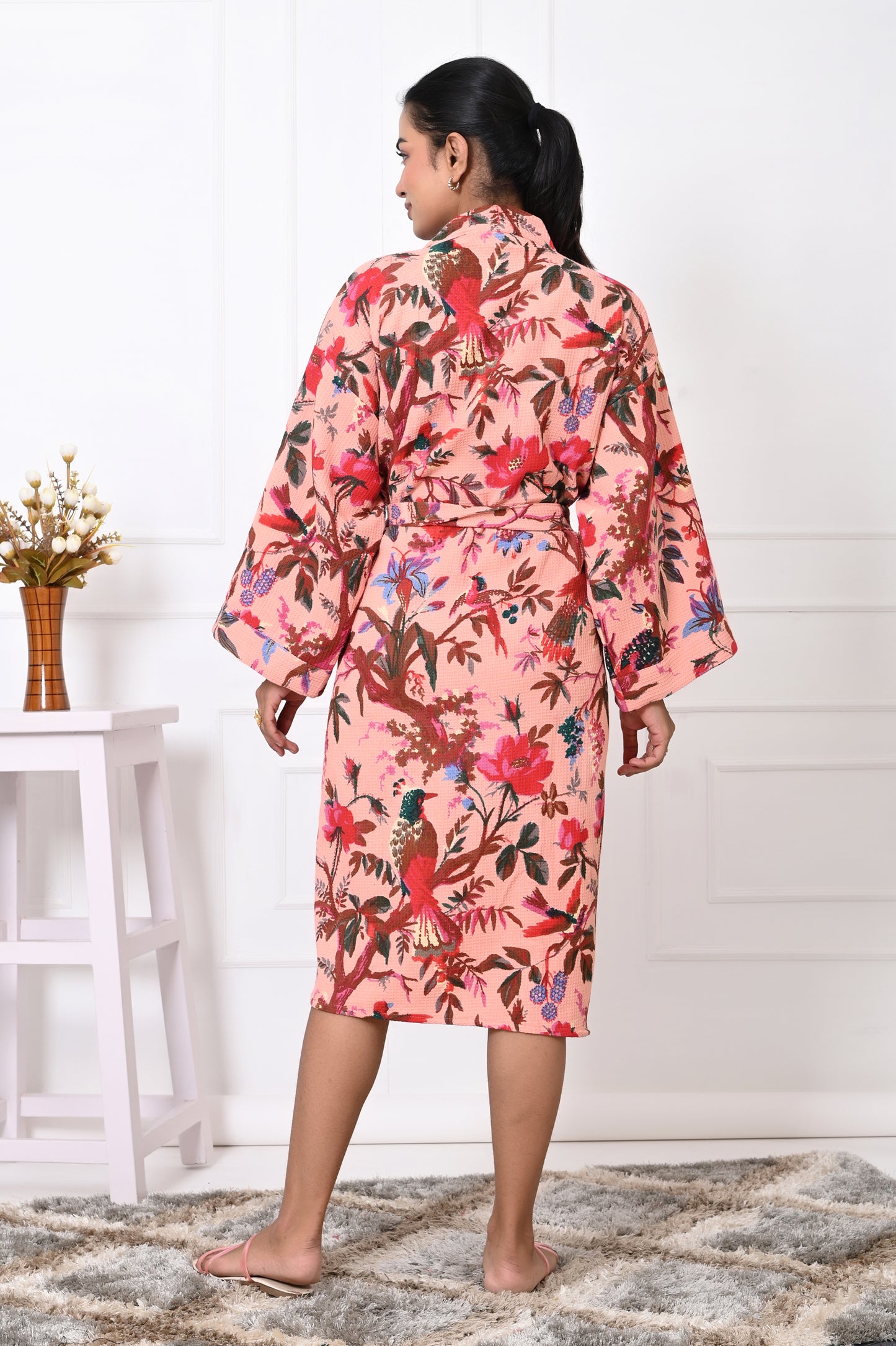 Waffle Cotton Handblock Printed Unisex Bathrobe - Free Size