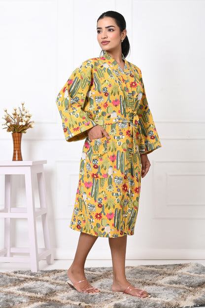 Waffle Cotton Handblock Printed Unisex Bathrobe - Free Size