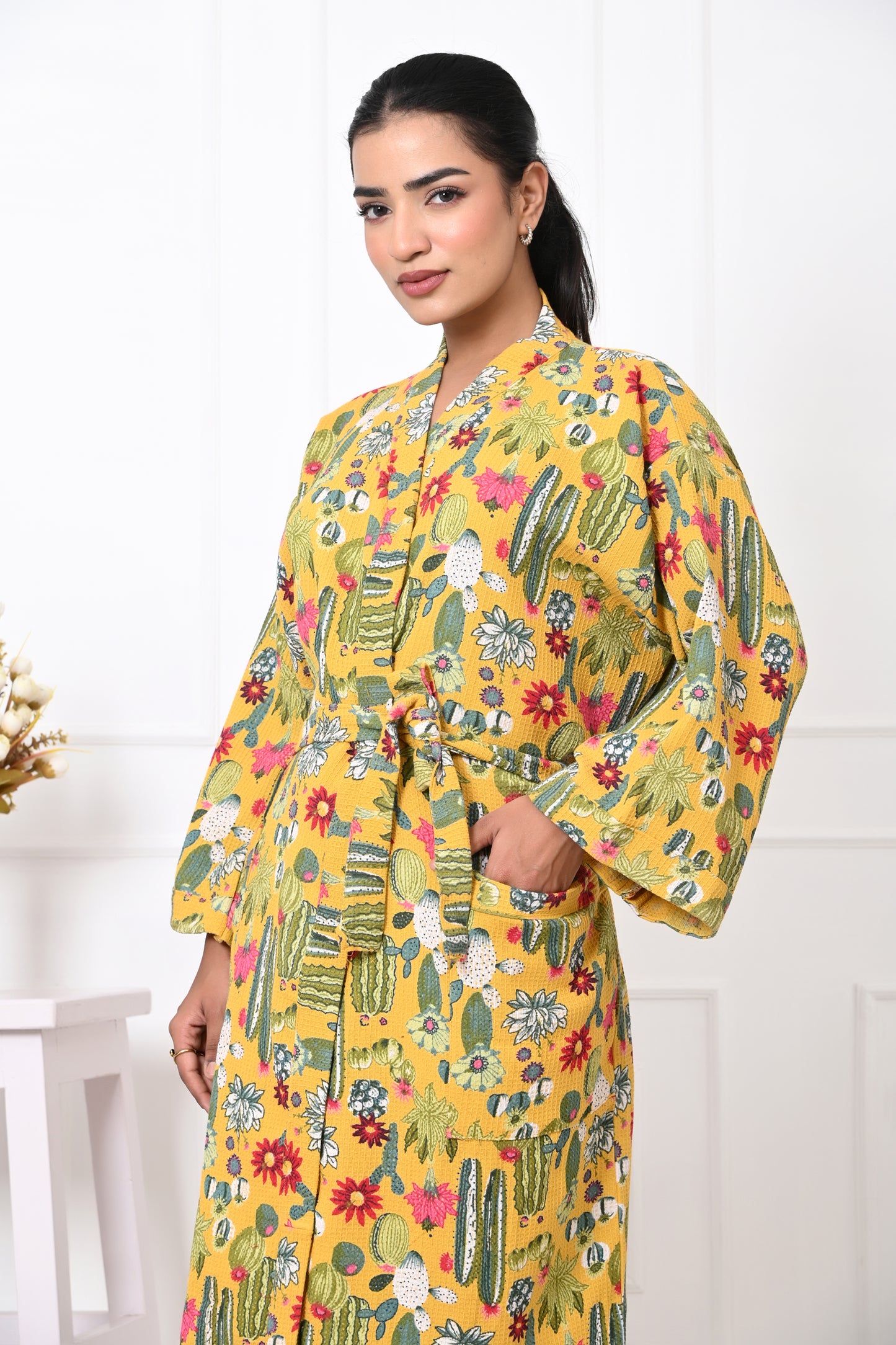 Waffle Cotton Handblock Printed Unisex Bathrobe - Free Size