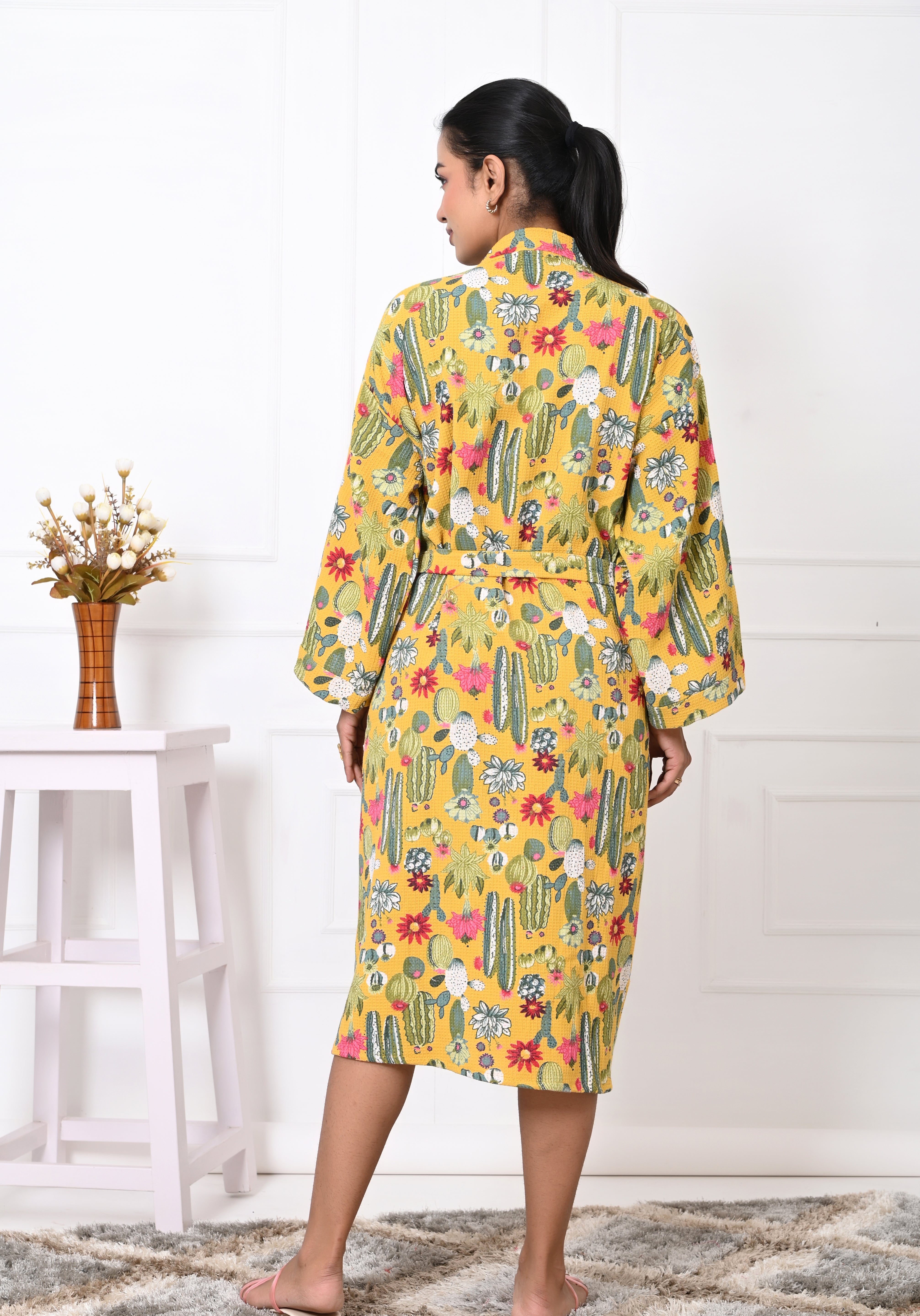 Waffle Cotton Handblock Printed Unisex Bathrobe - Free Size