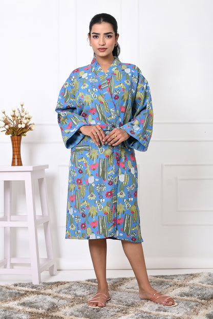 Waffle Cotton Handblock Printed Unisex Bathrobe - Free Size