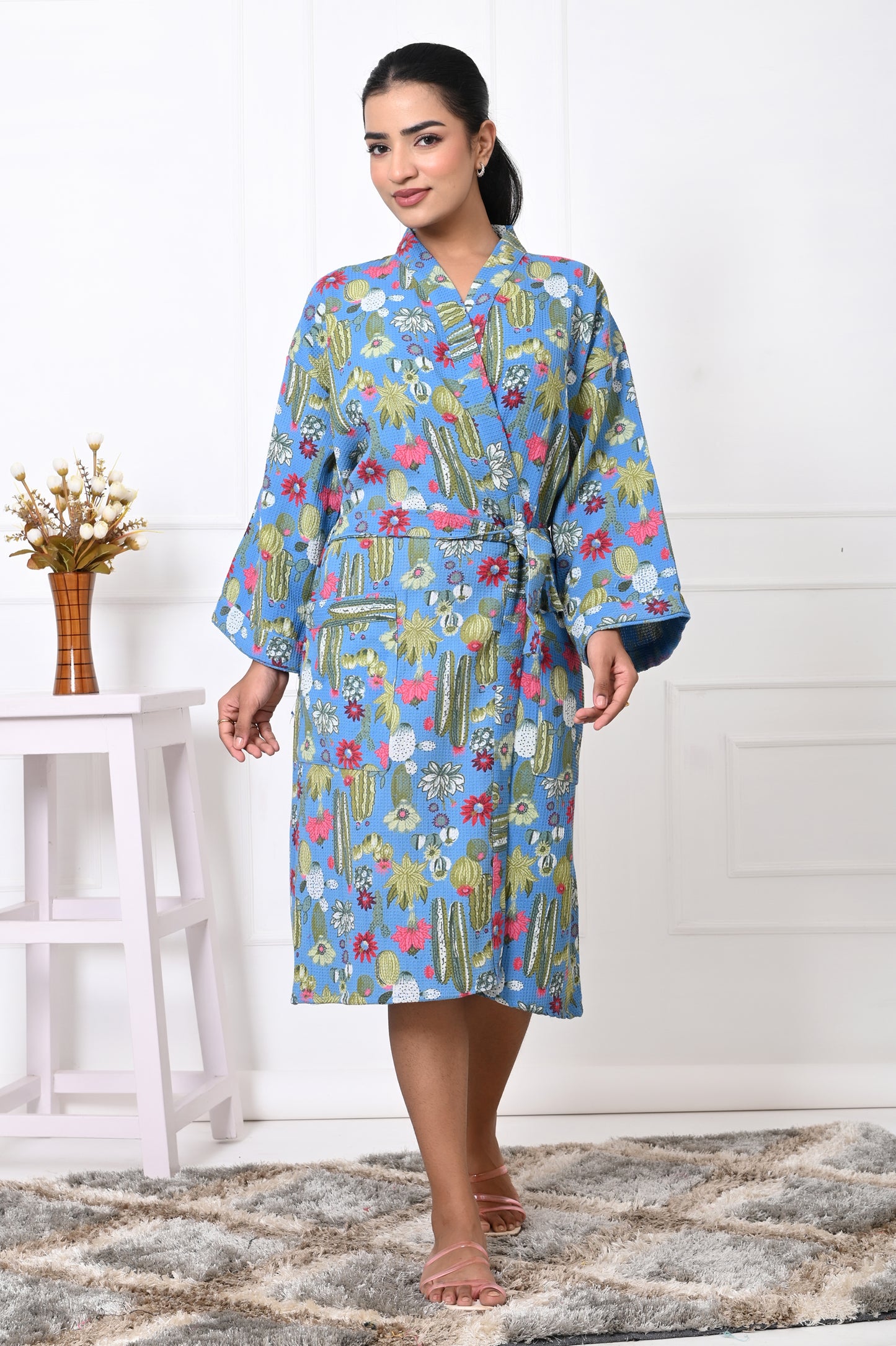 Waffle Cotton Handblock Printed Unisex Bathrobe - Free Size