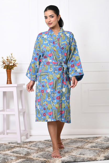 Waffle Cotton Handblock Printed Unisex Bathrobe - Free Size