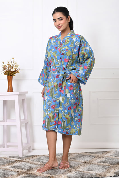 Waffle Cotton Handblock Printed Unisex Bathrobe - Free Size