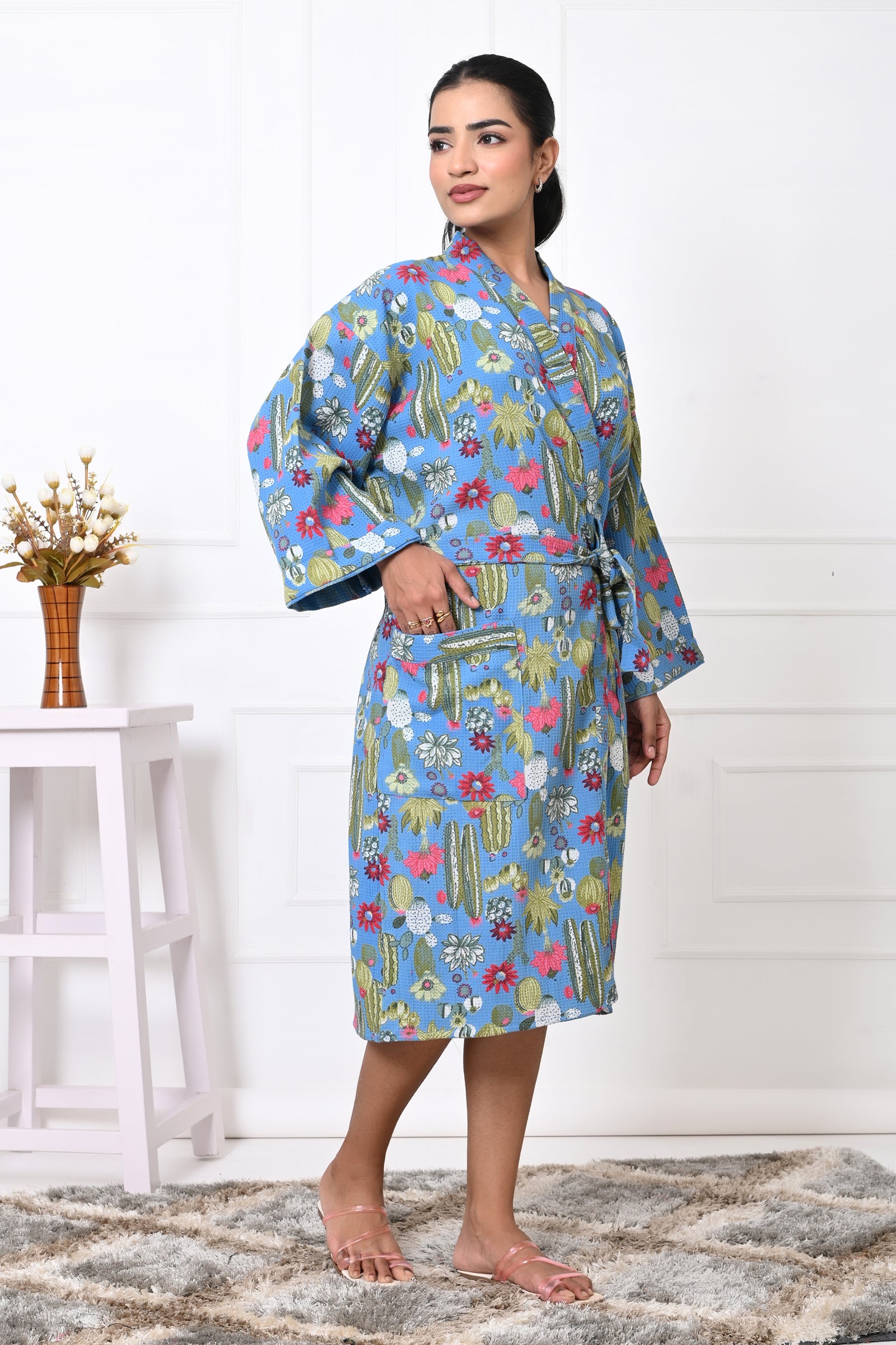 Waffle Cotton Handblock Printed Unisex Bathrobe - Free Size