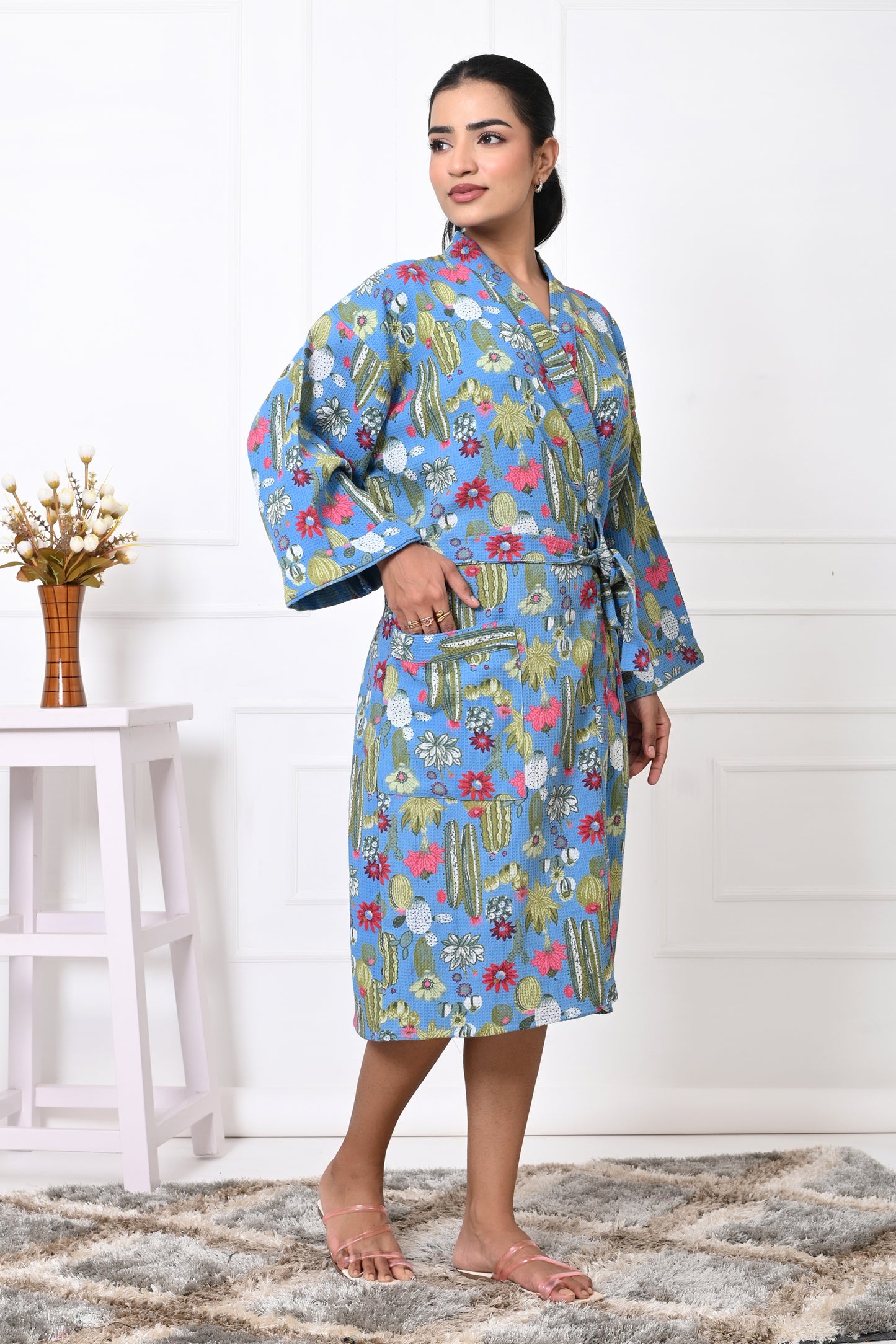 Waffle Cotton Handblock Printed Unisex Bathrobe - Free Size