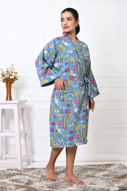 Waffle Cotton Handblock Printed Unisex Bathrobe - Free Size