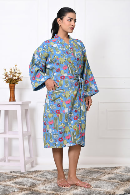 Waffle Cotton Handblock Printed Unisex Bathrobe - Free Size