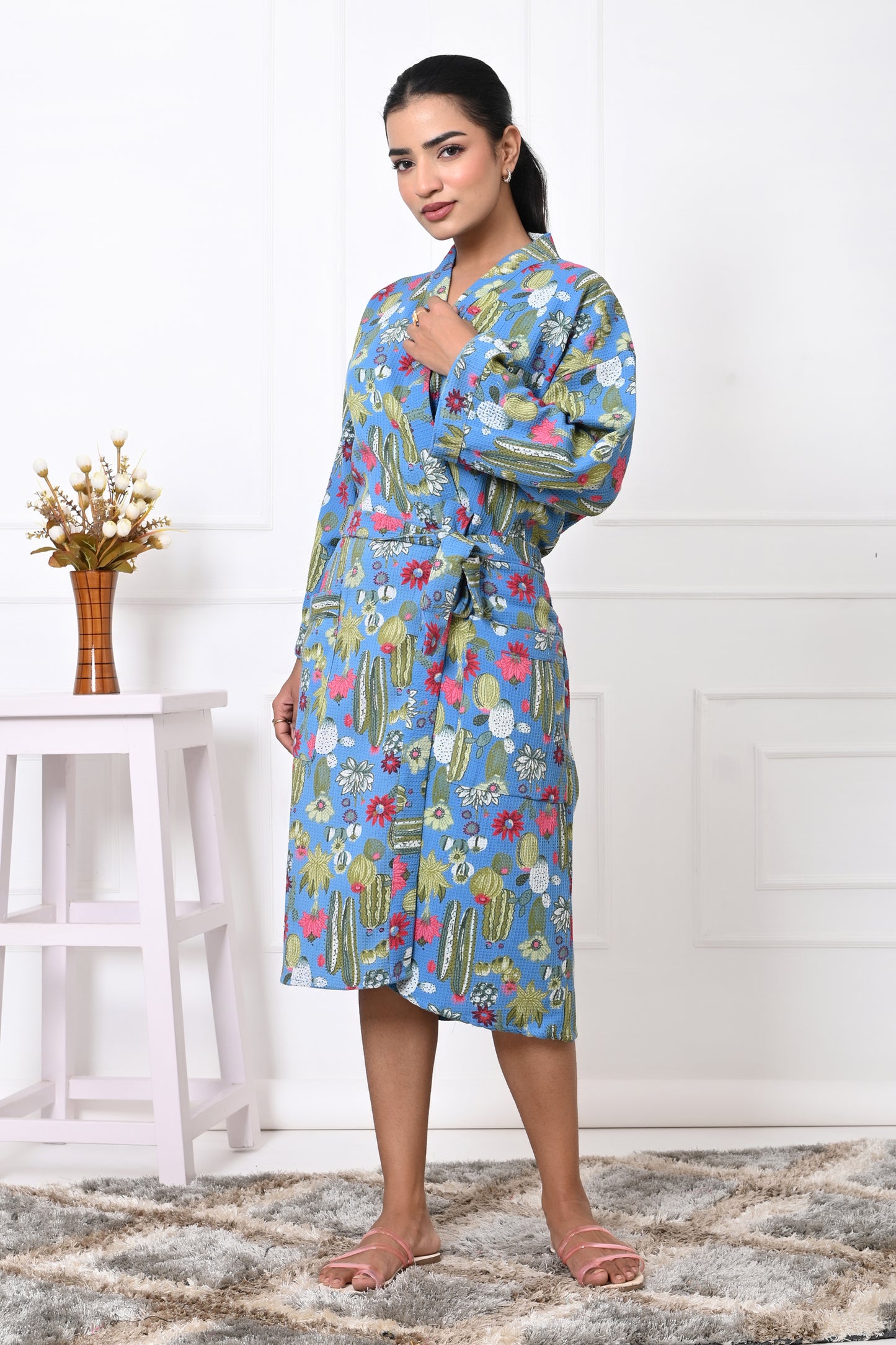 Waffle Cotton Handblock Printed Unisex Bathrobe - Free Size