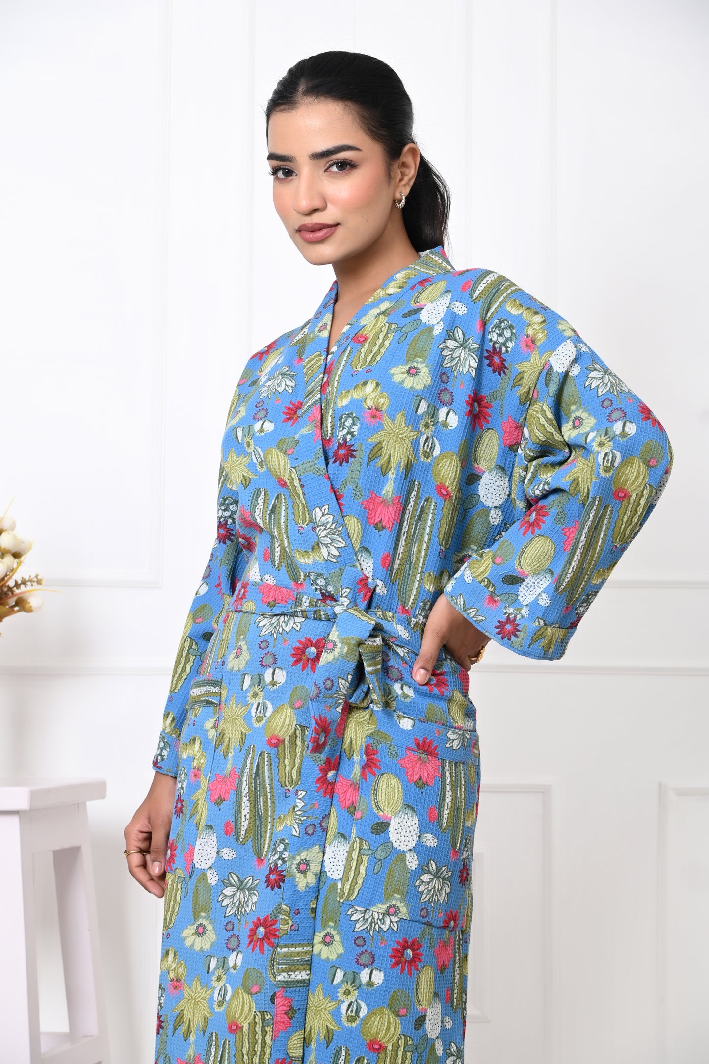 Waffle Cotton Handblock Printed Unisex Bathrobe - Free Size