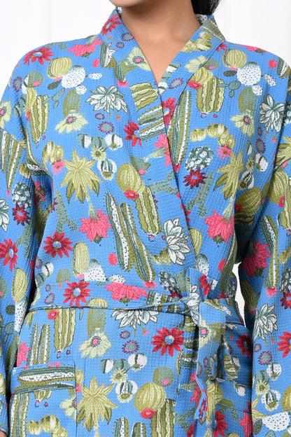 Waffle Cotton Handblock Printed Unisex Bathrobe - Free Size