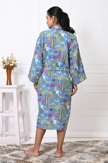 Waffle Cotton Handblock Printed Unisex Bathrobe - Free Size