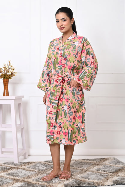 Waffle Cotton Handblock Printed Unisex Bathrobe - Free Size