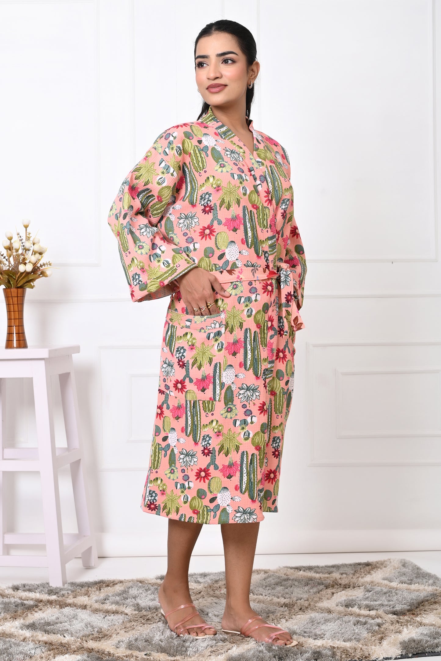 Waffle Cotton Handblock Printed Unisex Bathrobe - Free Size