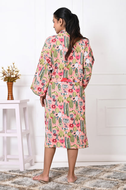 Waffle Cotton Handblock Printed Unisex Bathrobe - Free Size