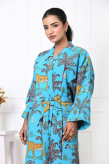 Waffle Cotton Handblock Printed Unisex Bathrobe - Free Size