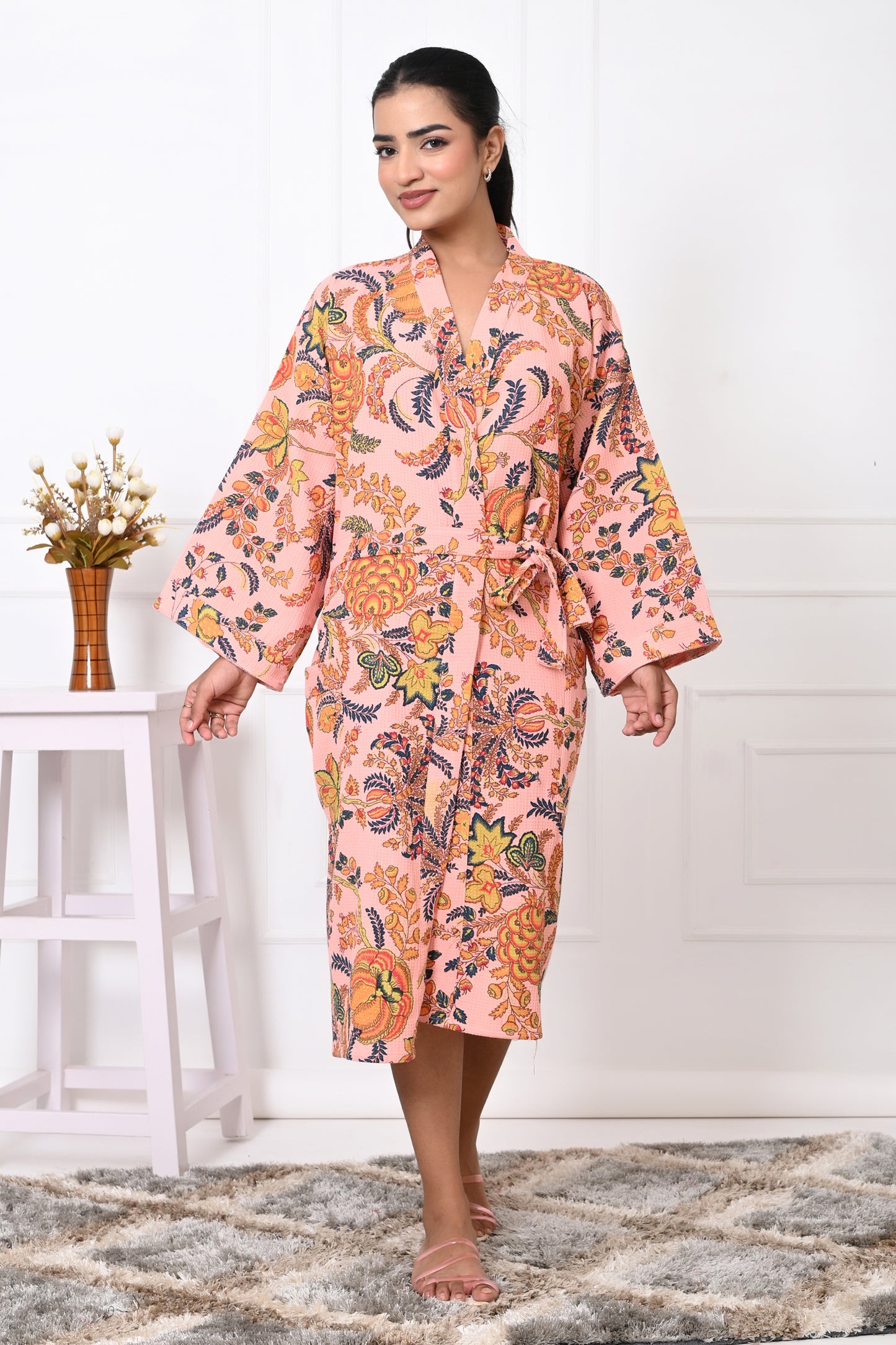 Waffle Cotton Handblock Printed Unisex Bathrobe - Free Size