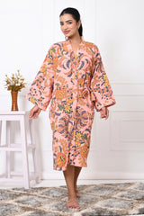 Waffle Cotton Handblock Printed Unisex Bathrobe - Free Size