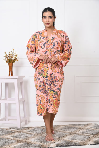 Waffle Cotton Handblock Printed Unisex Bathrobe - Free Size