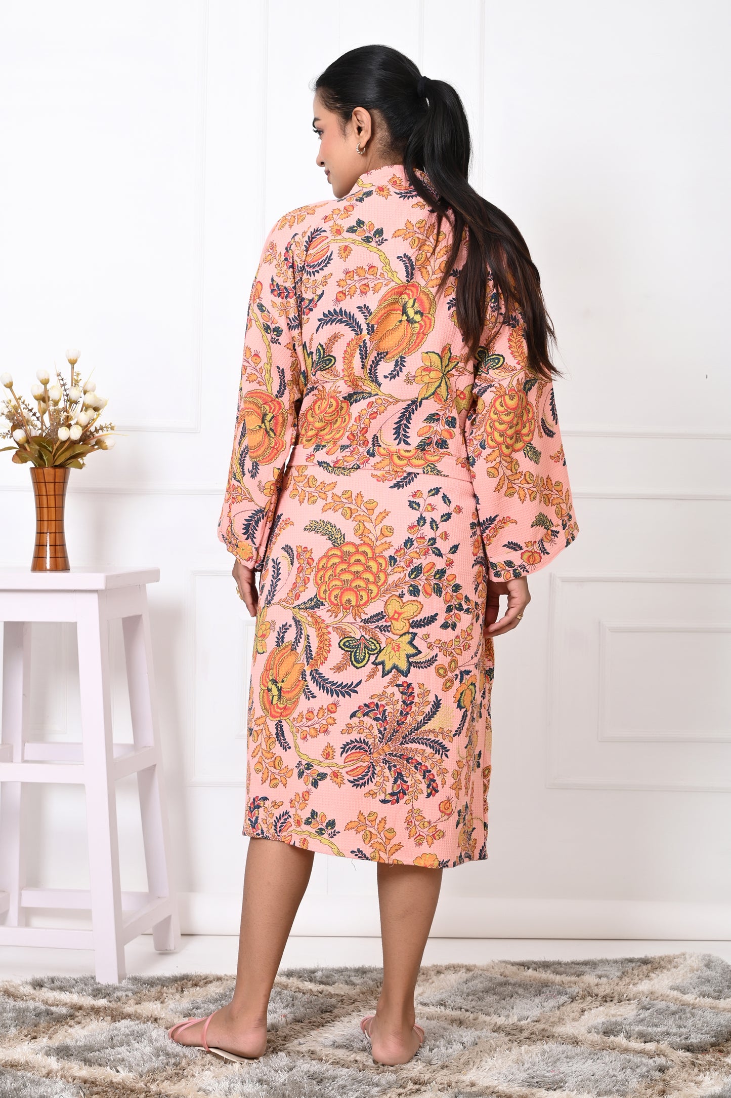 Waffle Cotton Handblock Printed Unisex Bathrobe - Free Size