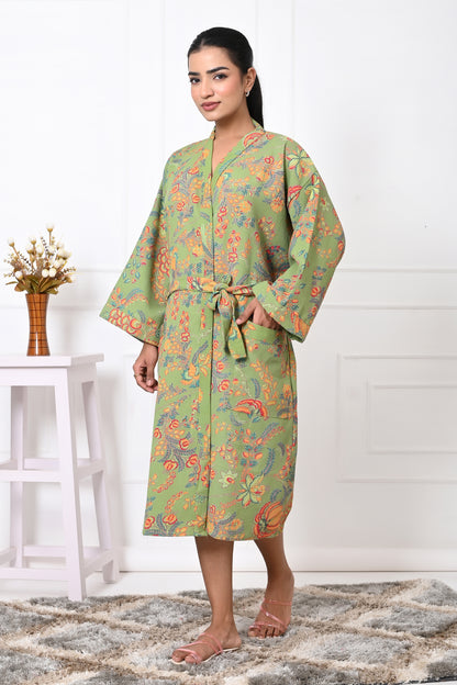 Waffle Cotton Handblock Printed Unisex Bathrobe - Free Size