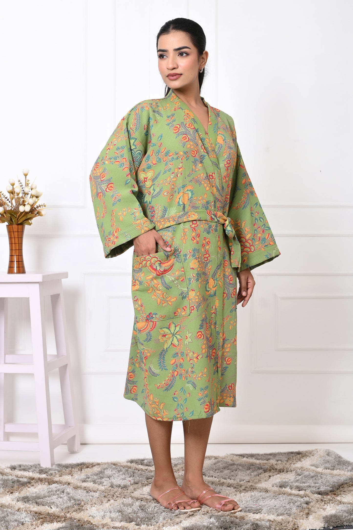 Waffle Cotton Handblock Printed Unisex Bathrobe - Free Size