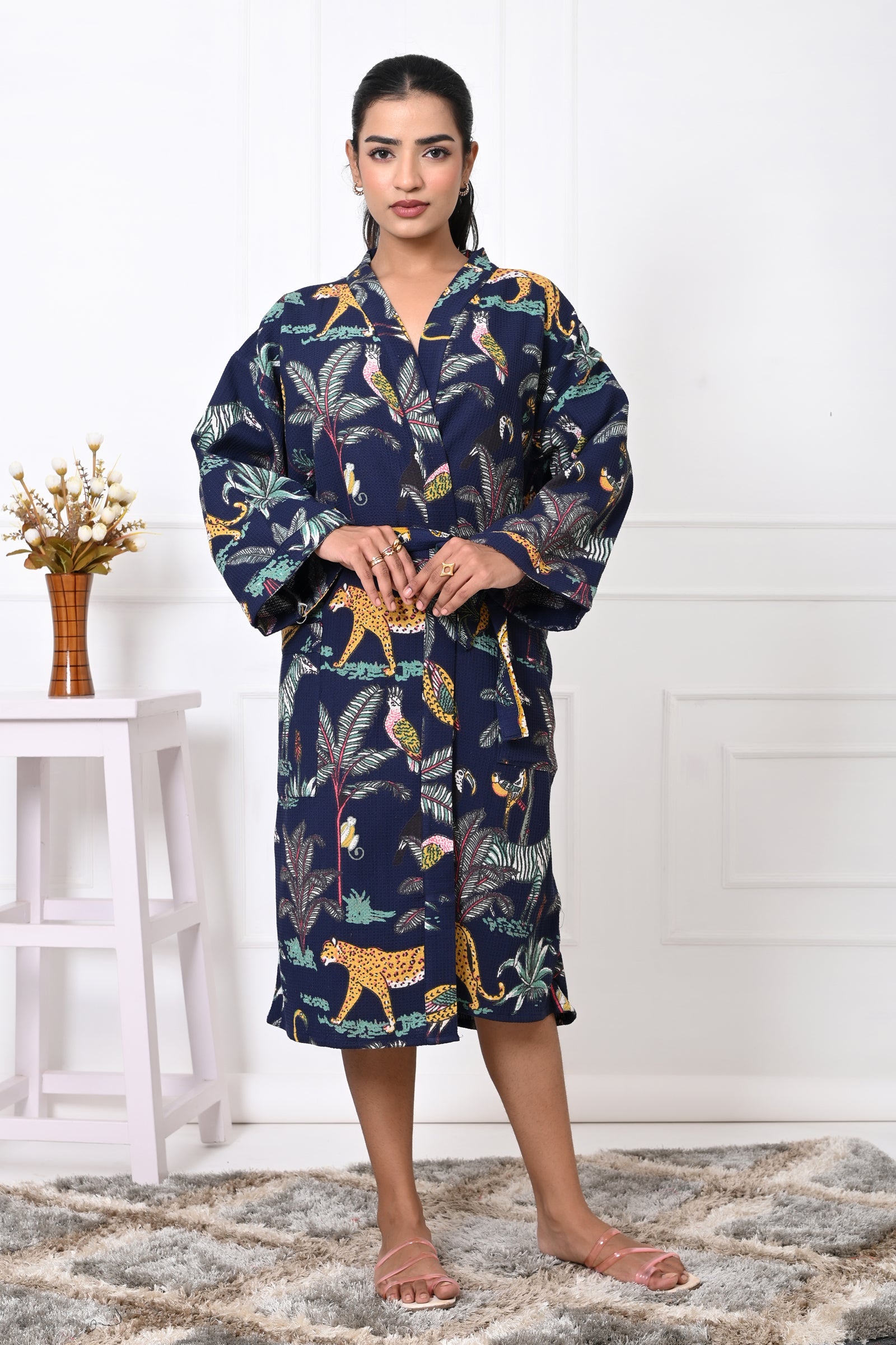 Waffle Cotton Handblock Printed Unisex Bathrobe - Free Size
