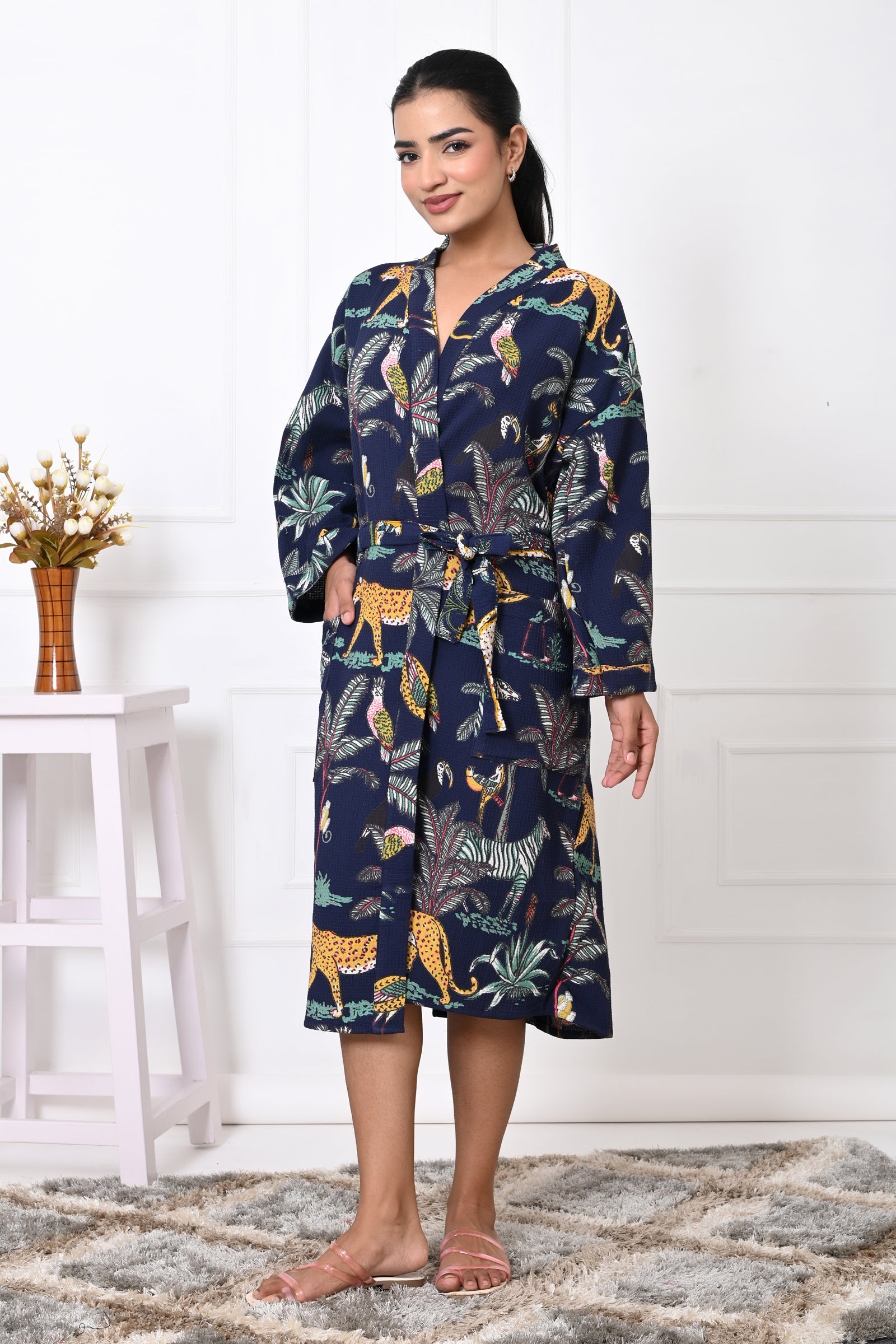 Waffle Cotton Handblock Printed Unisex Bathrobe - Free Size