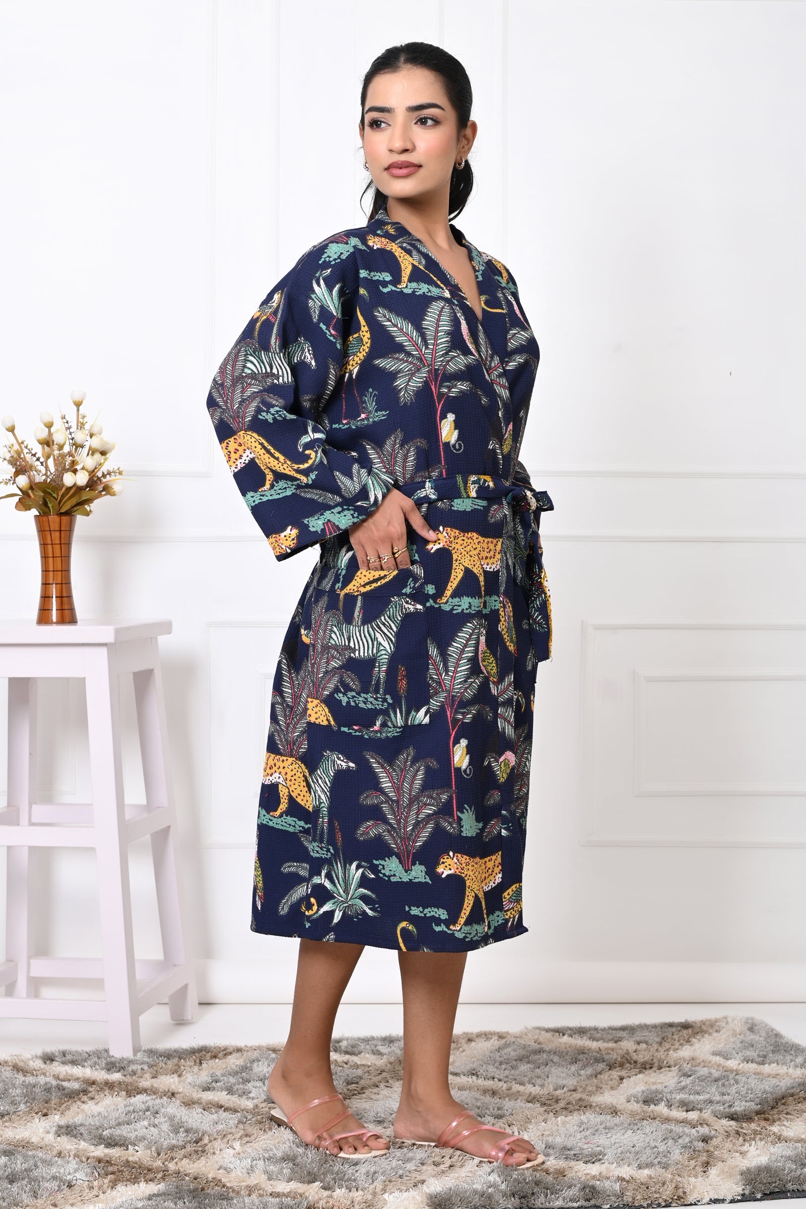 Waffle Cotton Handblock Printed Unisex Bathrobe - Free Size